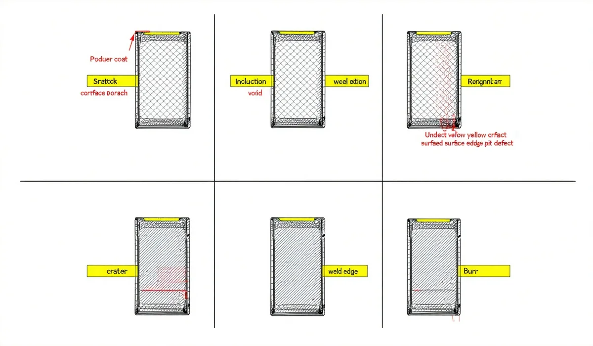 Six automotive part defect classes with AOI bounding box overlays