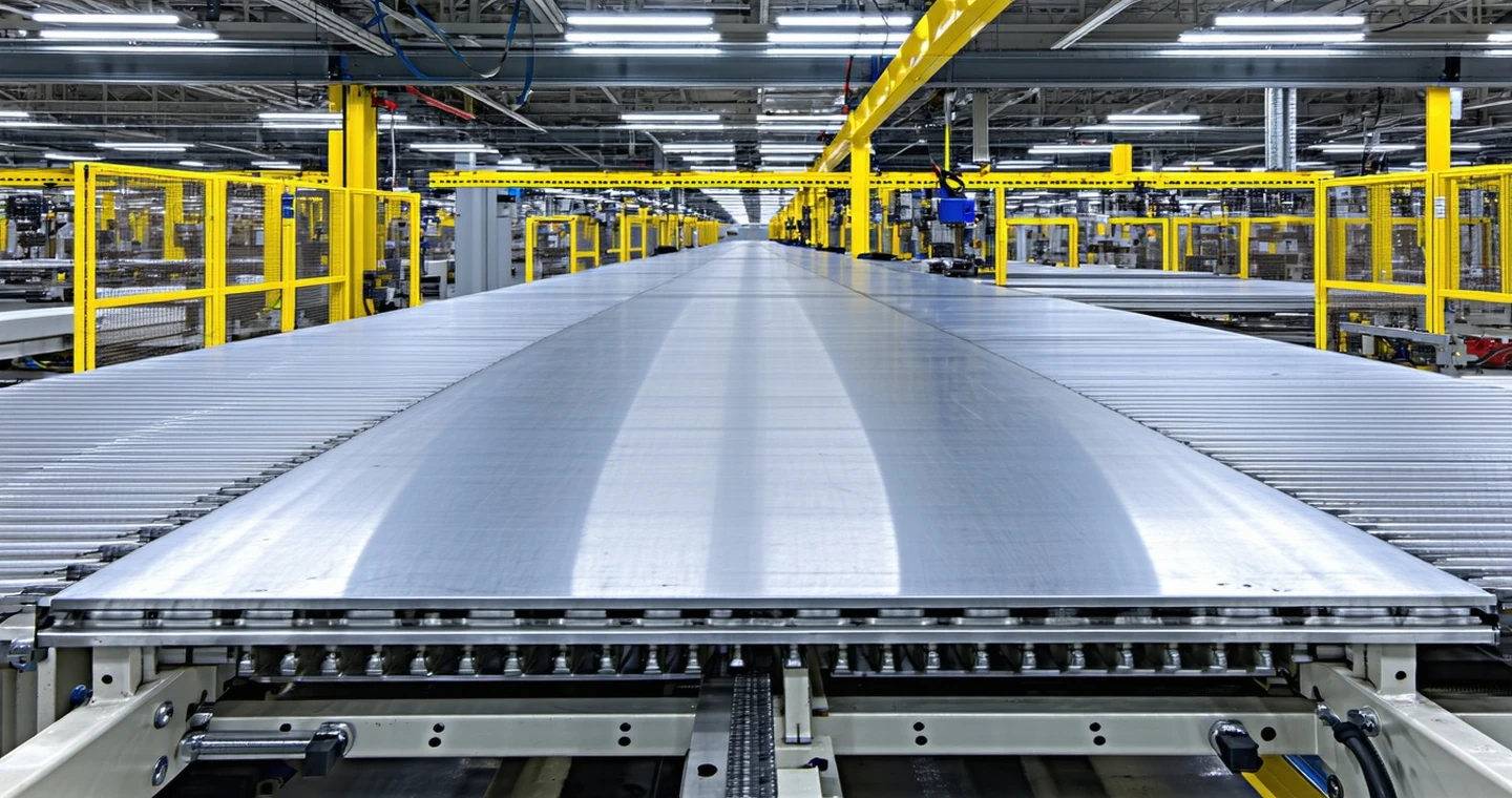 Automotive stamped metal parts on production conveyor at stamping plant