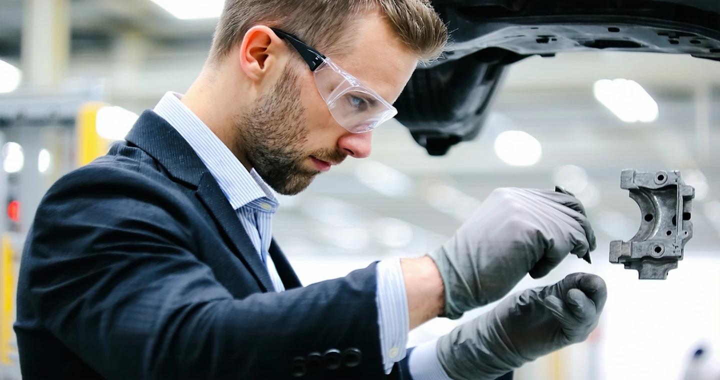 Automotive Tier-1 production line worker examining stamped metal part at inspection station