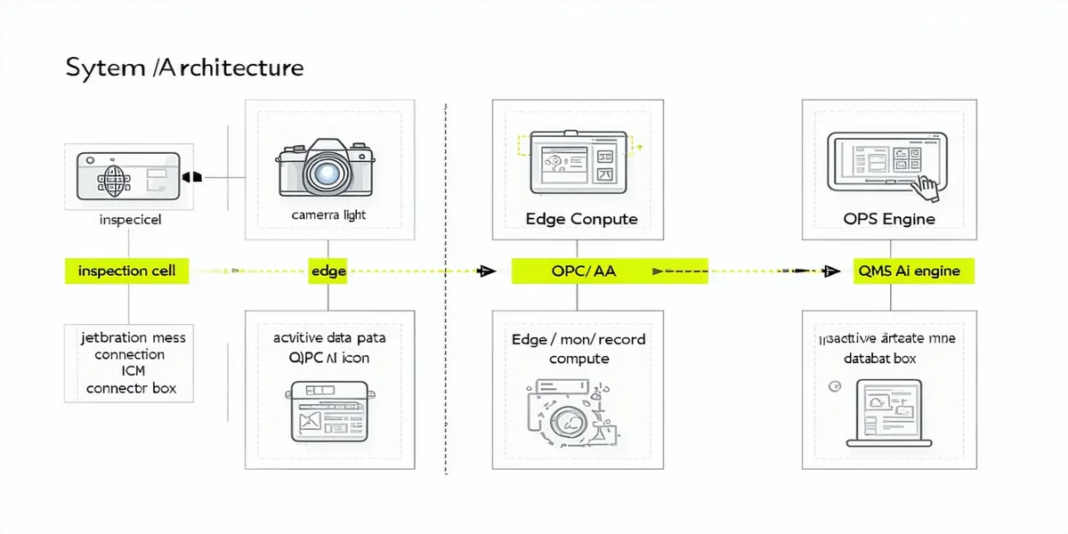 Qcvisionly system architecture: camera cell to edge compute to OPC UA to QMS
